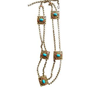 Vintage Egyptian Revival Gold Tone Chain Belt Turquoise Yellow Coral Cabochons